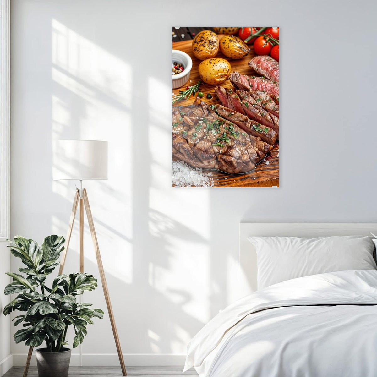 Glasbild Steak mit Kartoffeln an der Wand – Aufgeschnittenes Steak auf Holzbrett mit Ofenkartoffeln, Rispentomaten, Rosmarin und Pfefferkörnern