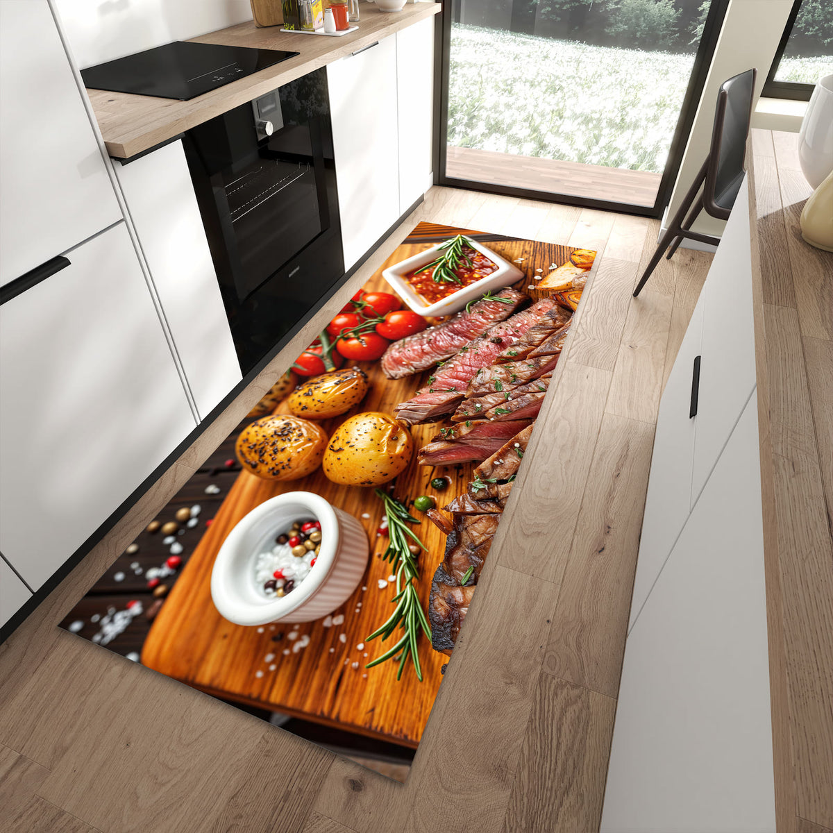 Strapazierfähiger Küchenläufer mit Motiv Grillplatte in moderner Küche