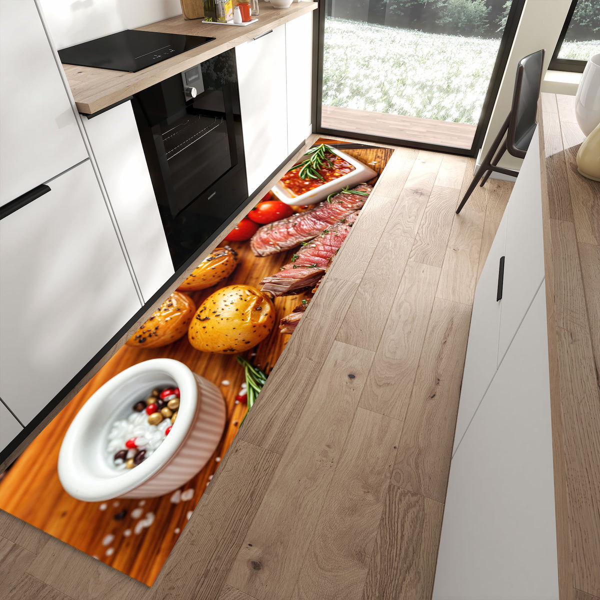 Flacher Küchenteppich mit Motiv Grillplatte in moderner Küche