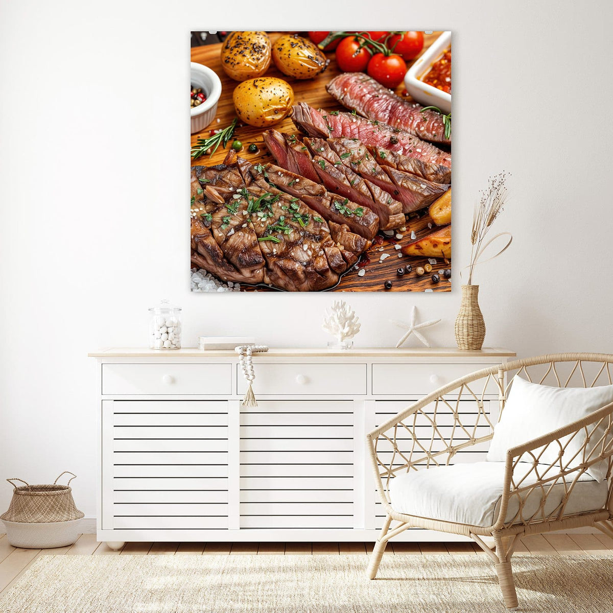 Glasbild Steak mit Kartoffeln an der Wand – Aufgeschnittenes Steak auf Holzbrett mit Ofenkartoffeln, Rispentomaten, Rosmarin und Pfefferkörnern