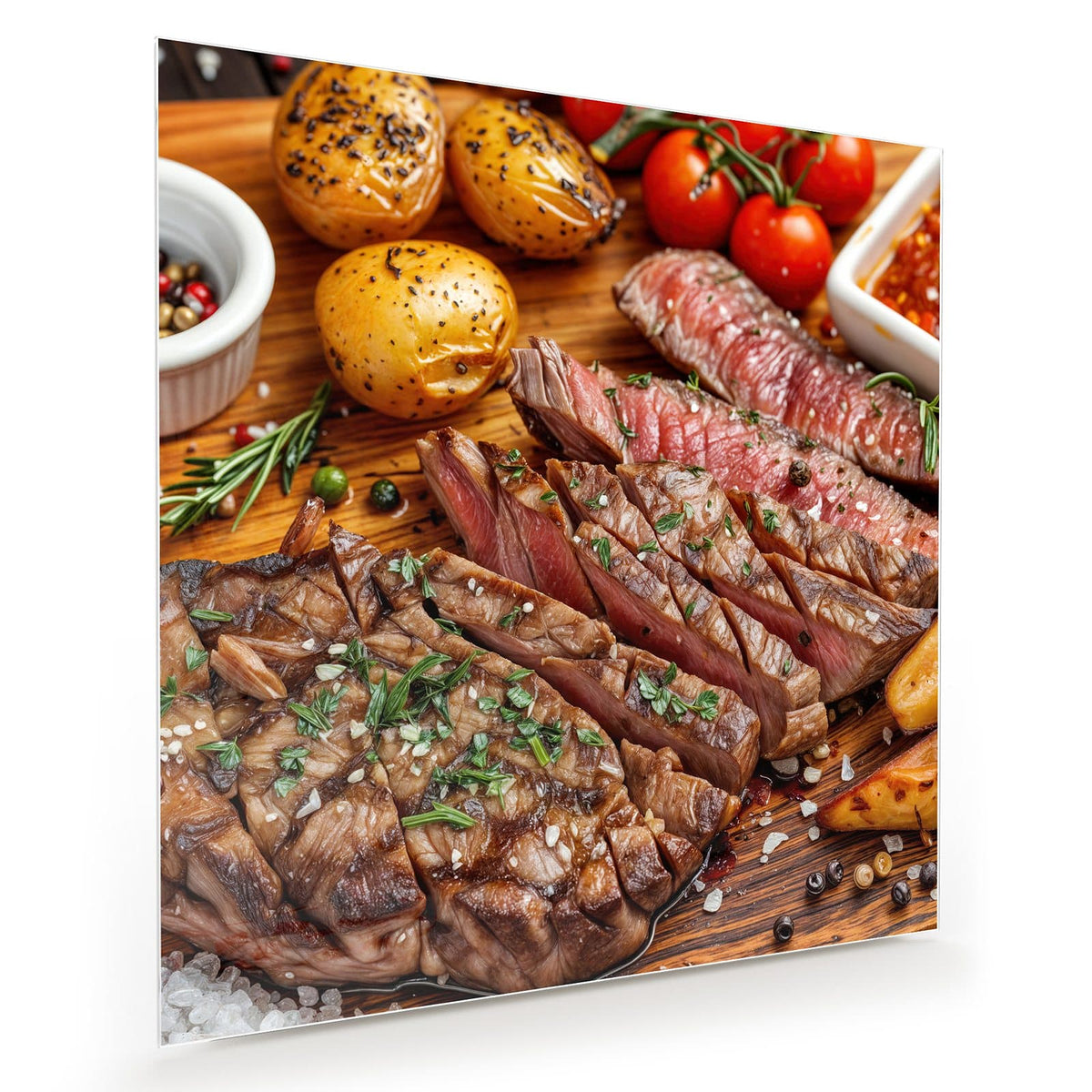Aufgeschnittenes Steak auf Holzbrett mit Ofenkartoffeln, Rispentomaten, Rosmarin und Pfefferkörnern