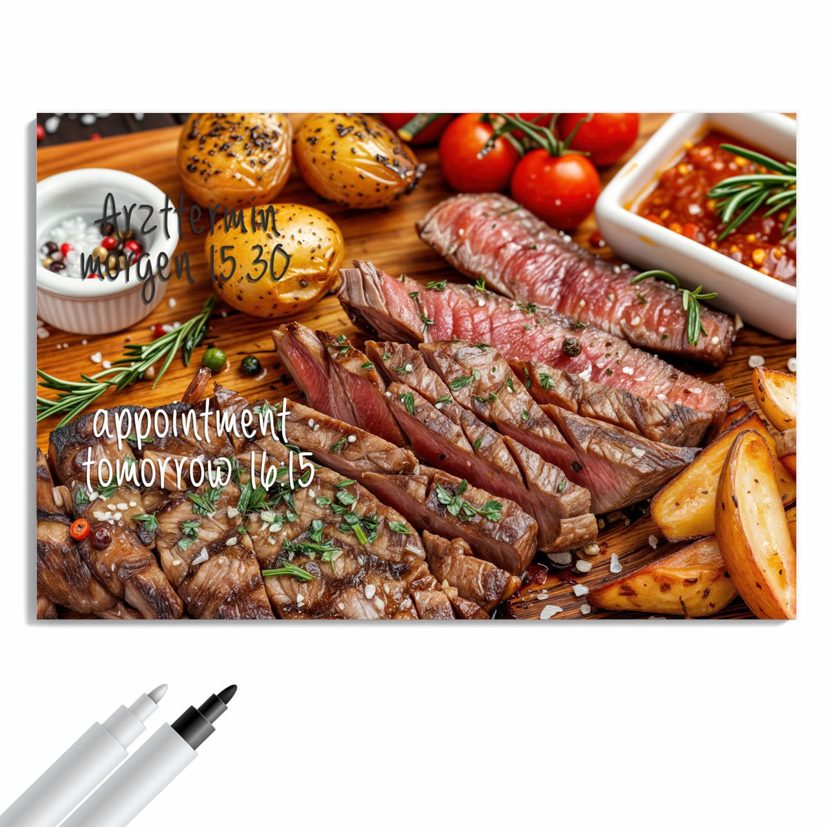 Beschreiben, abwischen, anheften – Metall Magnettafel - Steak mit Kartoffeln