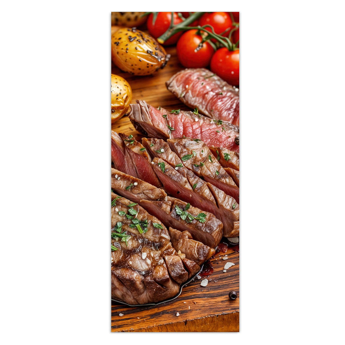 Aufgeschnittenes Steak auf Holzbrett mit Ofenkartoffeln, Rispentomaten, Rosmarin und Pfefferkörnern