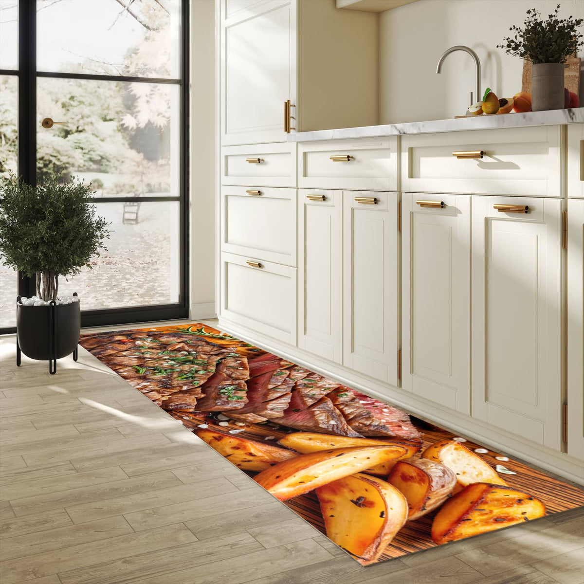 Farbbeständiger Küchenteppich mit Motiv Grillplatte in heller Küche
