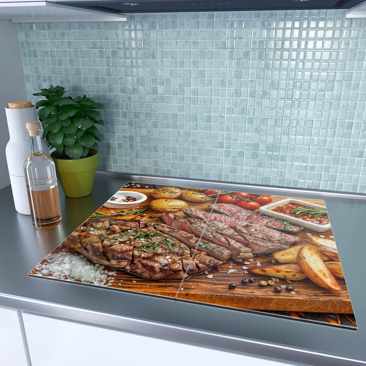 Herdabdeckplatte Steak mit Kartoffeln – Fleisch, Kartoffeln und Tomaten auf Brett