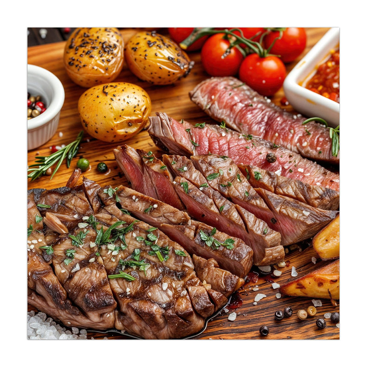 Aufgeschnittenes Steak auf Holzbrett mit Ofenkartoffeln, Rispentomaten, Rosmarin und Pfefferkörnern