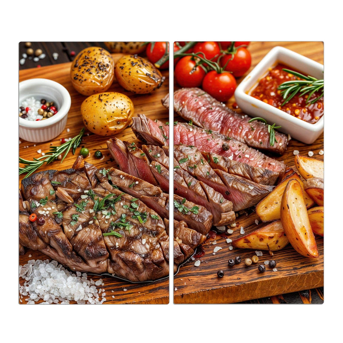 Aufgeschnittenes Steak auf Holzbrett mit Ofenkartoffeln, Rispentomaten, Rosmarin und Pfefferkörnern
