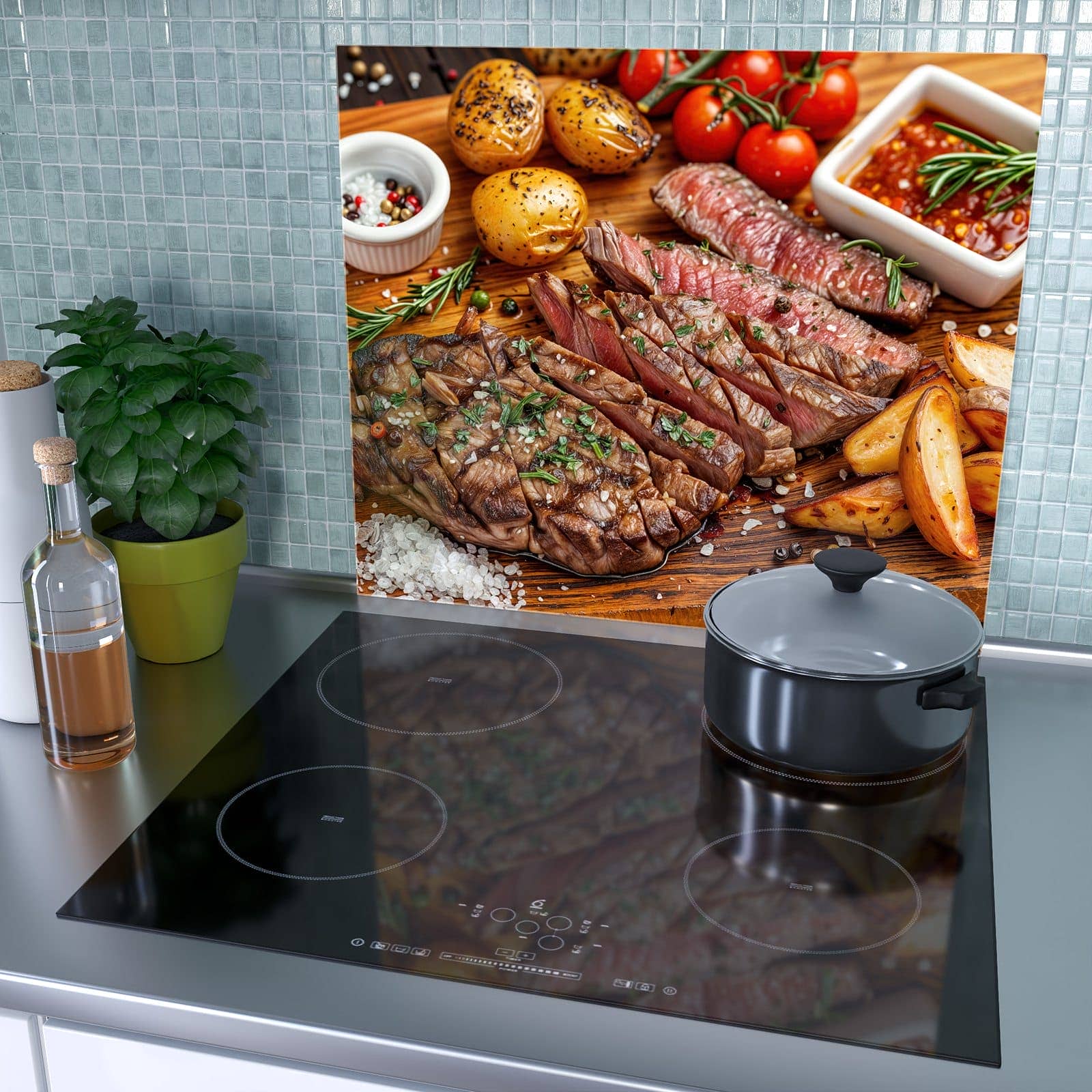 1-teilige Herdabdeckplatte mit Grillplatte-Motiv als Spritzschutz hinter dem Kochfeld