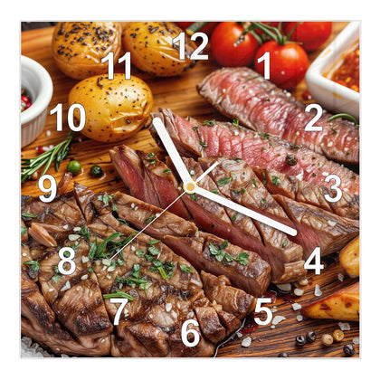Wanduhr Quadratisch mit dem Motiv Steak mit Kartoffeln