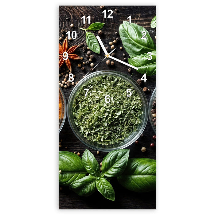 Wanduhr Gewürze Und Kräuter aus Glas – Hochformat 30 × 60 cm mit Ziffernblatt Modern