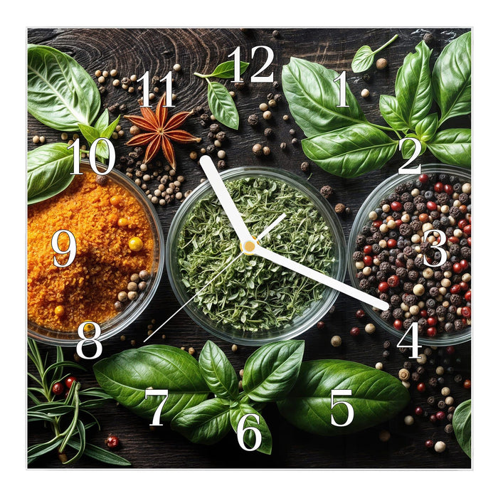 Wanduhr Gewürze Und Kräuter aus Glas – Quadratisch 30 × 30 cm mit Ziffernblatt Klassisch