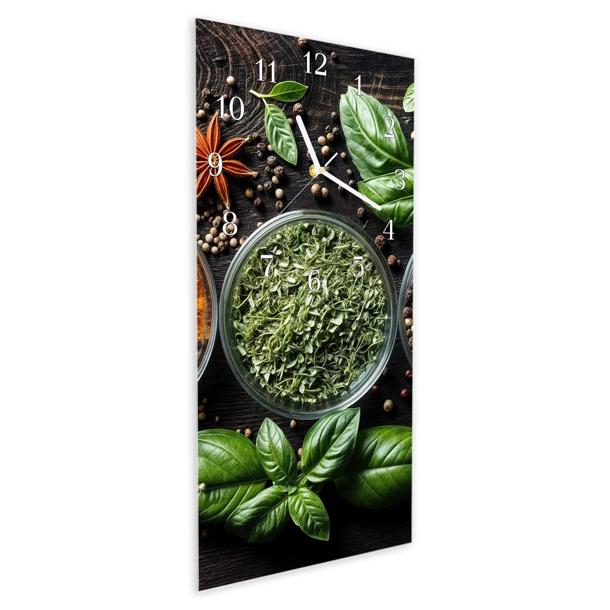 Vormontiert – mit Schwebeeffekt – Wanduhr Gewürze Und Kräuter aus Glas – Hochformat 30 × 60 cm