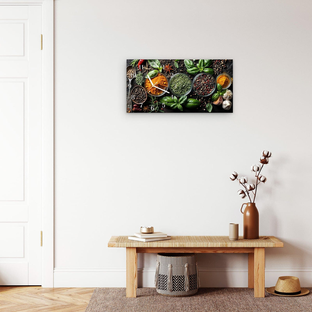 Moderne Wanduhr aus Glas mit Farbtiefe – Wanduhr Gewürze Und Kräuter aus Glas – Querformat 60 × 30 cm