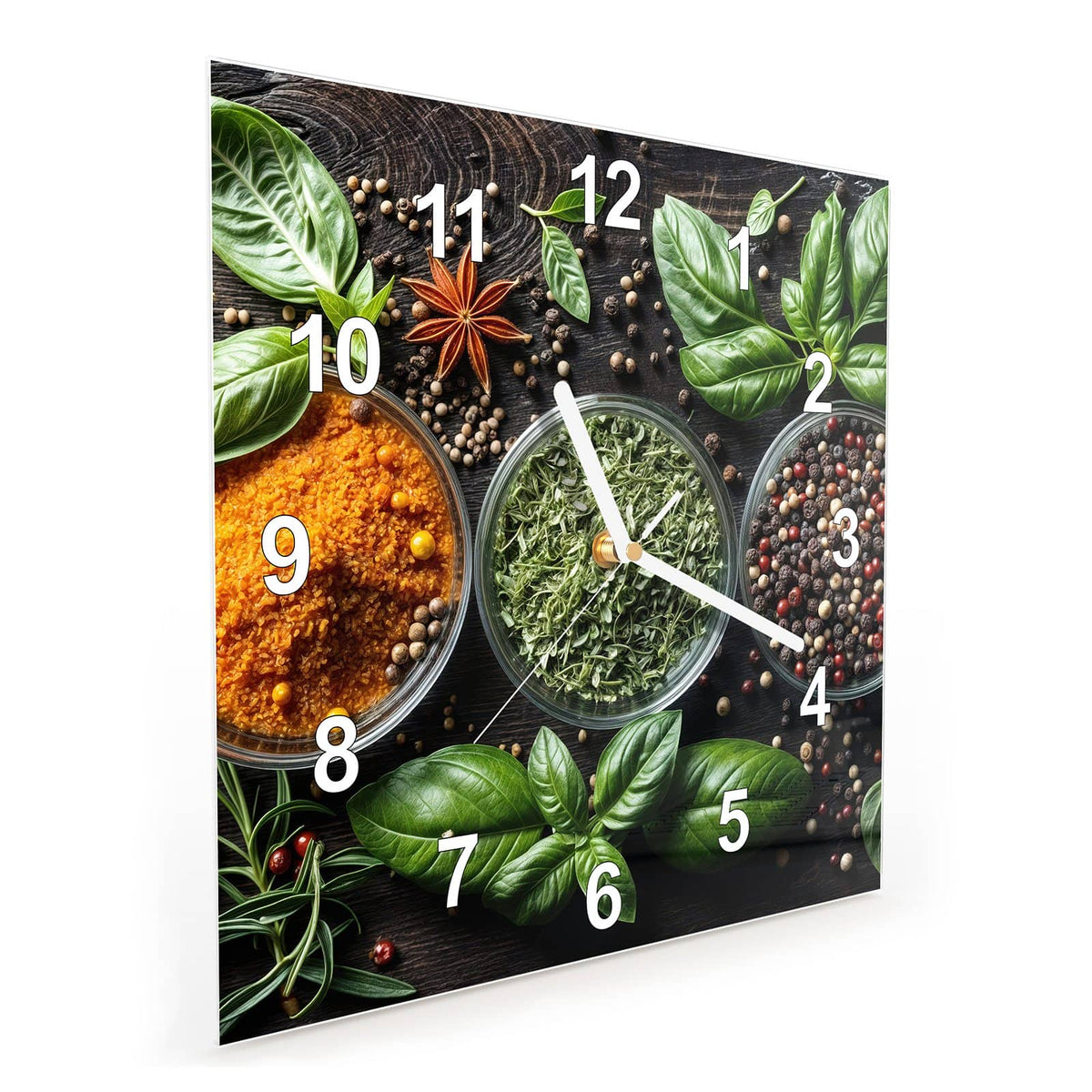 Vormontiert – mit Schwebeeffekt – Wanduhr Gewürze Und Kräuter aus Glas – Quadratisch 30 × 30 cm