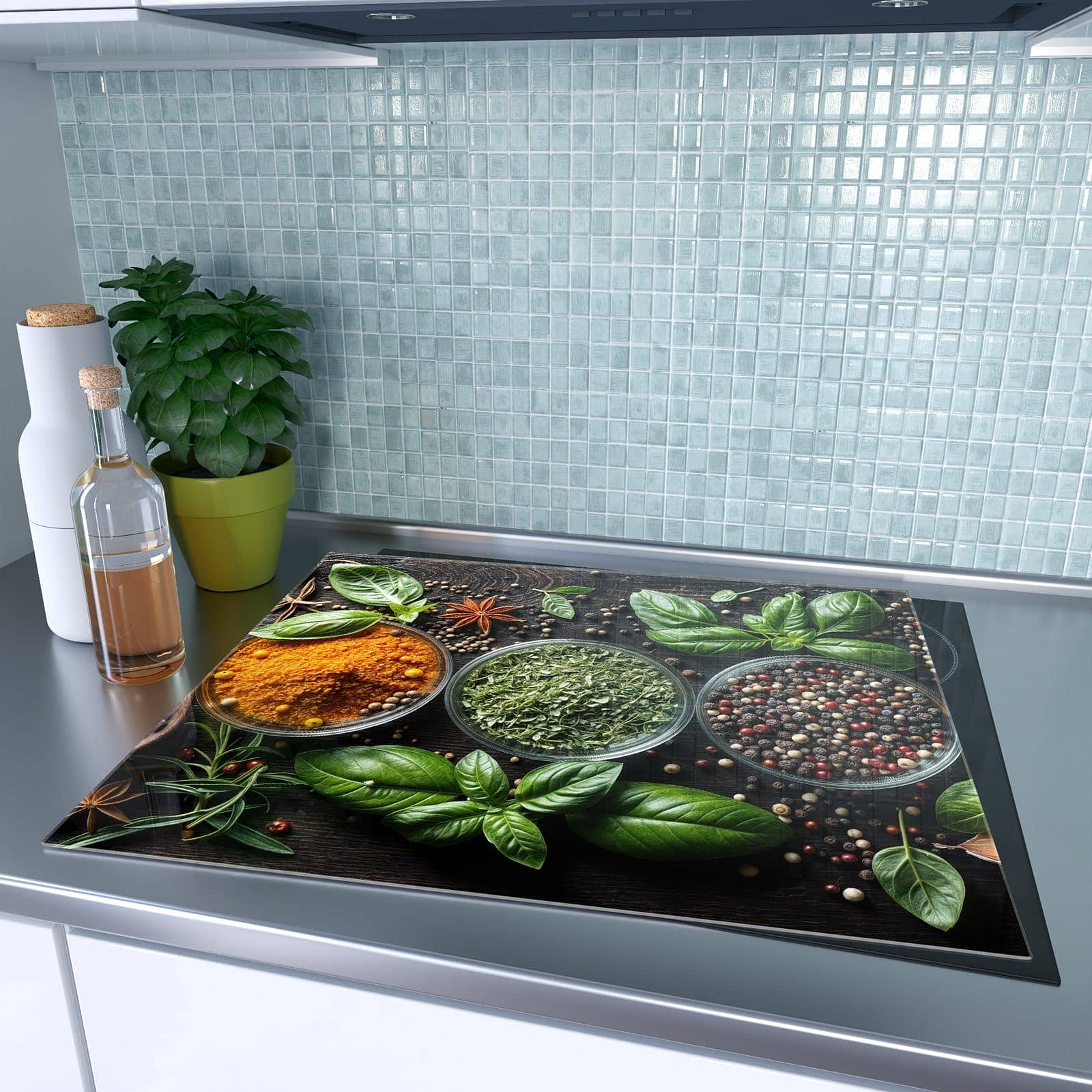 1-teilige Herdabdeckplatte Induktion mit Gewürze Und Kräuter-Motiv auf dem Ceranfeld