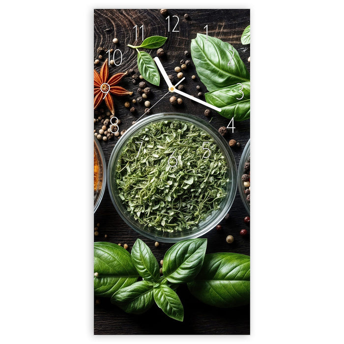 Wanduhr Gewürze Und Kräuter aus Glas – Hochformat 30 × 60 cm mit Ziffernblatt Elegant
