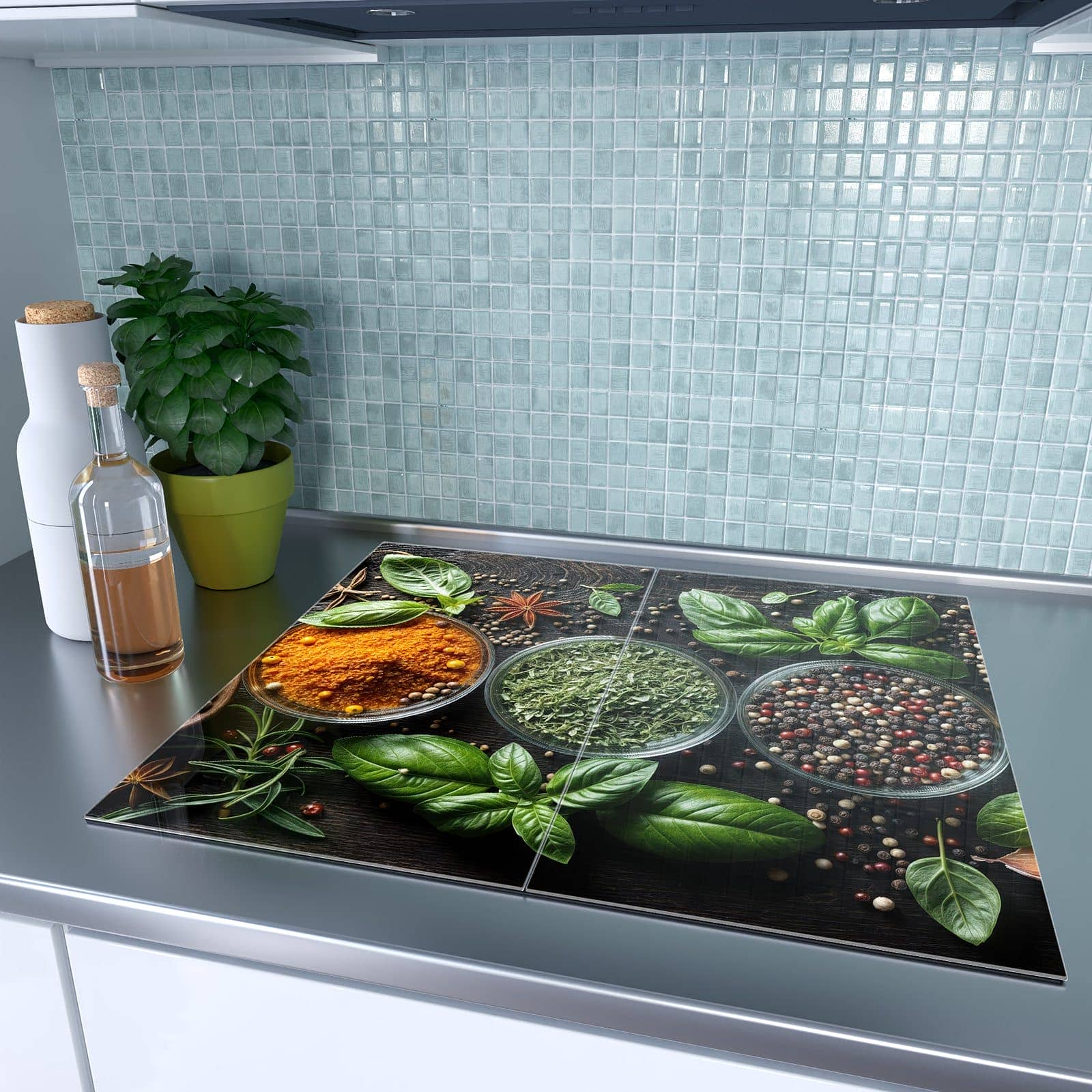 2-teilige Kochfeldabdeckung mit Gewürze Und Kräuter-Motiv auf dem Ceranfeld