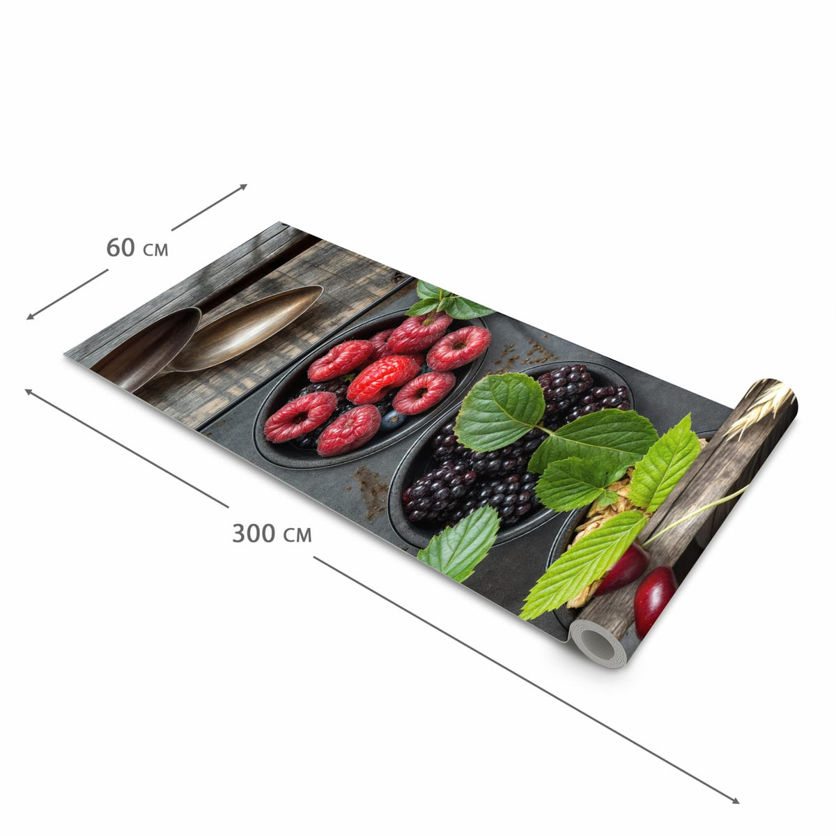 Pflegeleichter waschbarer Küchenläufer mit Motiv Bunte Beeren in der Größe 60x90 cm