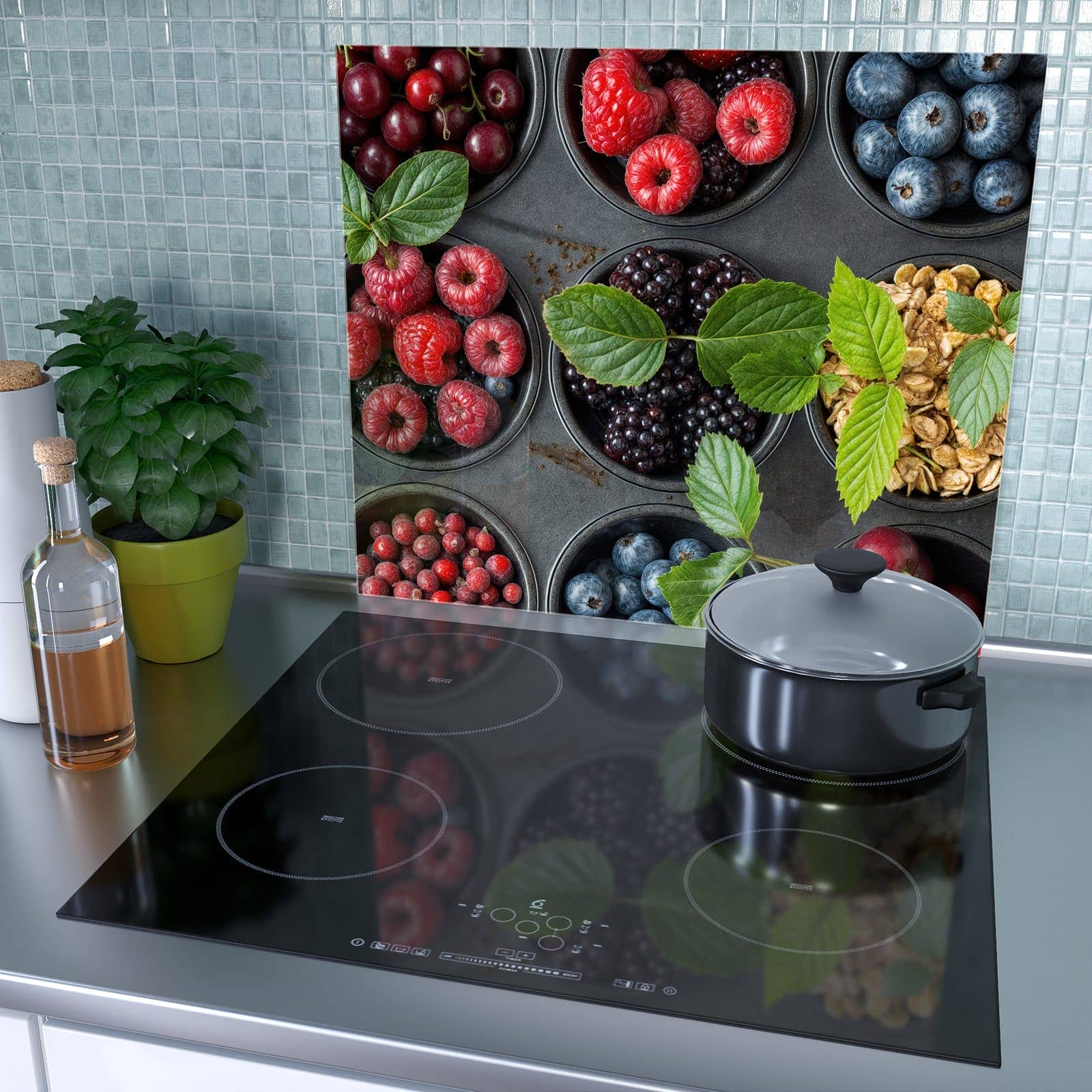 1-teilige Abdeckplatte für Ceranfeld mit Bunte Beeren-Motiv als Spritzschutz hinter dem Kochfeld