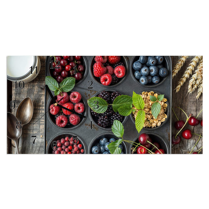 Wanduhr Bunte Beeren aus Glas – Querformat 60 × 30 cm mit Ziffernblatt Klassisch