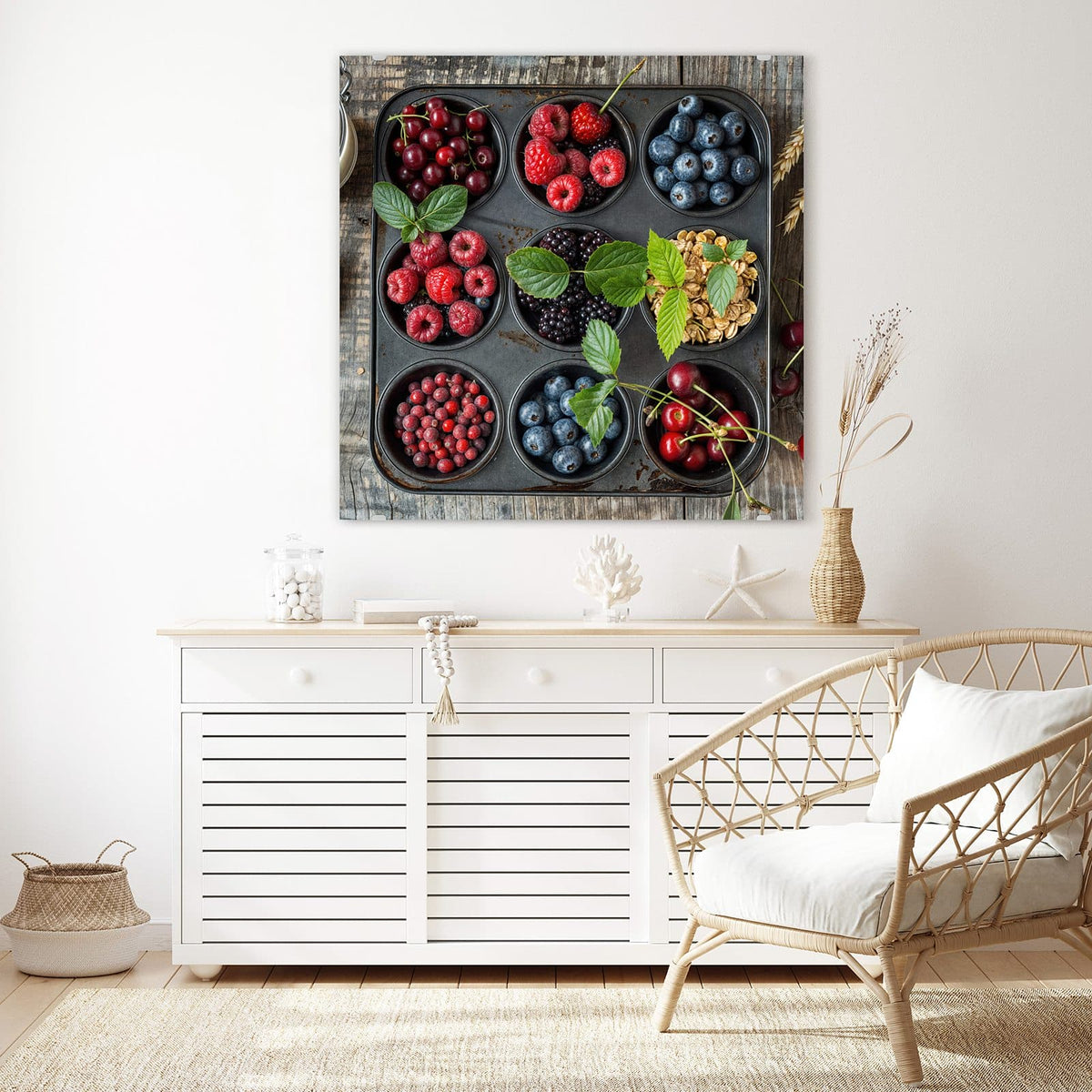 Echtglas, 4 mm – kein Acryl, keine Folie – Wandbild - Beeren in Muffinform - Quadratisch