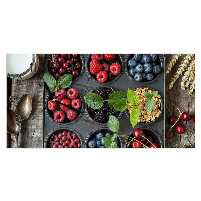 Wanduhr Bunte Beeren aus Glas – Querformat 60 × 30 cm mit Ziffernblatt Elegant