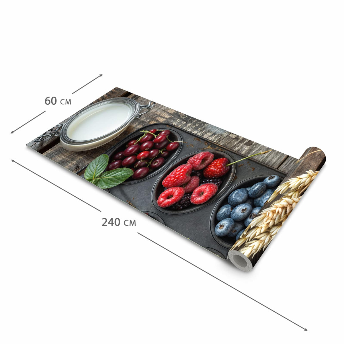 Langlebiger Teppichläufer für die Küche mit Motiv Bunte Beeren in der Grösse 60x90 cm