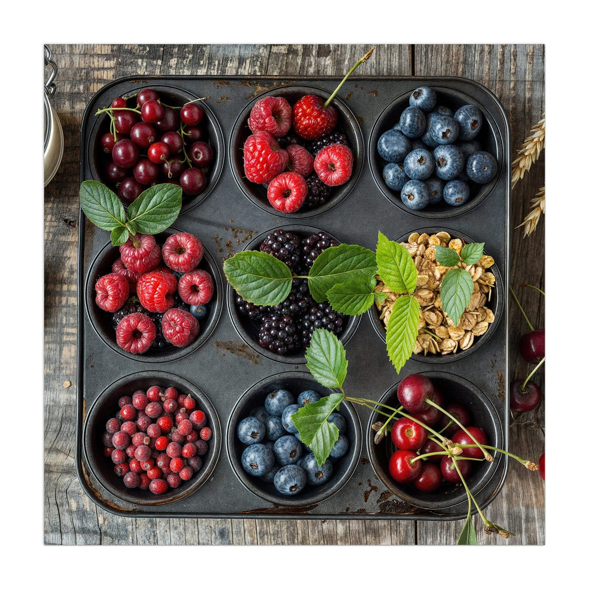 Muffinblech, dessen Mulden mit Kirschen, Himbeeren, Blaubeeren, Brombeeren, Johannisbeeren und Haferflocken gefüllt sind, auf Holz