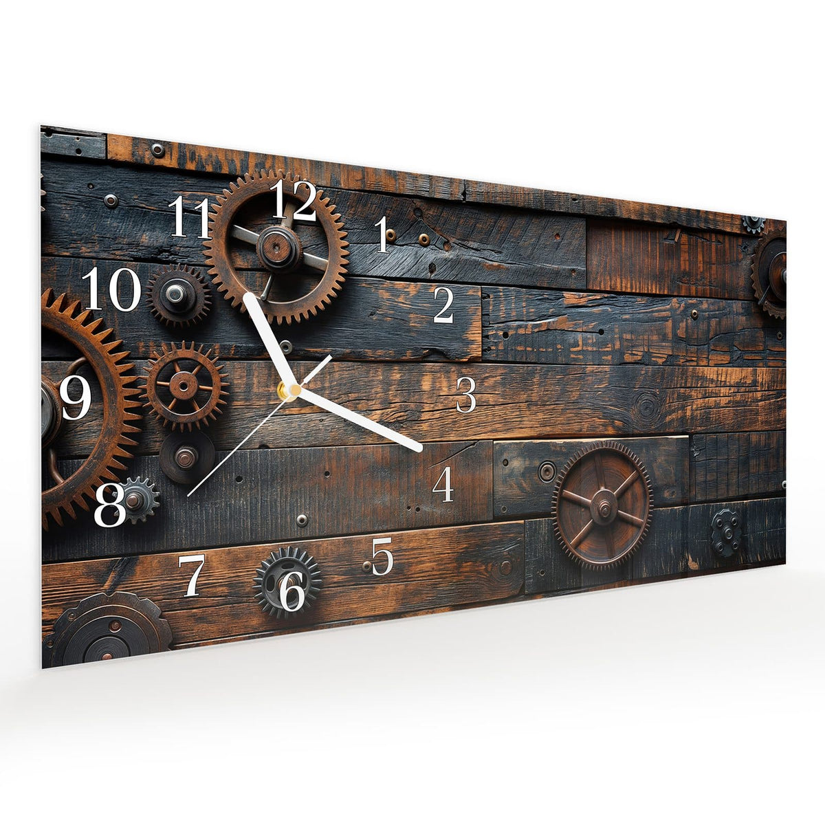 Vormontiert – mit Schwebeeffekt – Wanduhr Holz und Zahnräder aus Glas – Querformat 60 × 30 cm