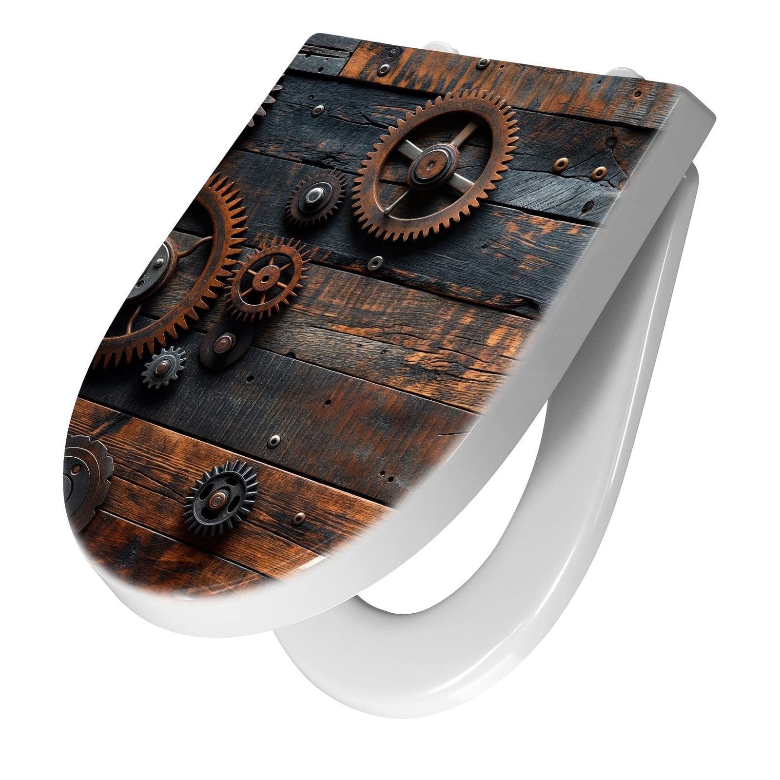 WC-Sitz mit Absenkautomatik Holz und Zahnräder