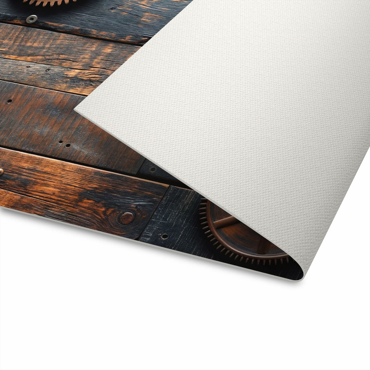 Feuchtigkeitsresistenter Teppichläufer mit Motiv Holz und Zahnräder für die Küche