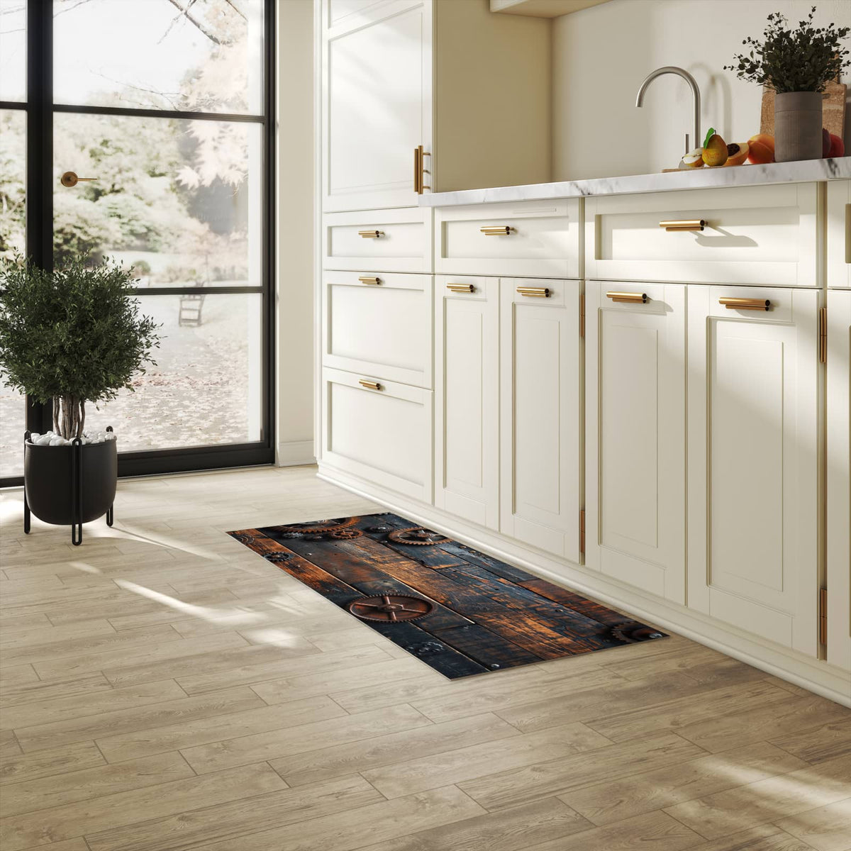 Bodenschonender großer Küchenteppich mit Motiv Holz und Zahnräder in heller Küche