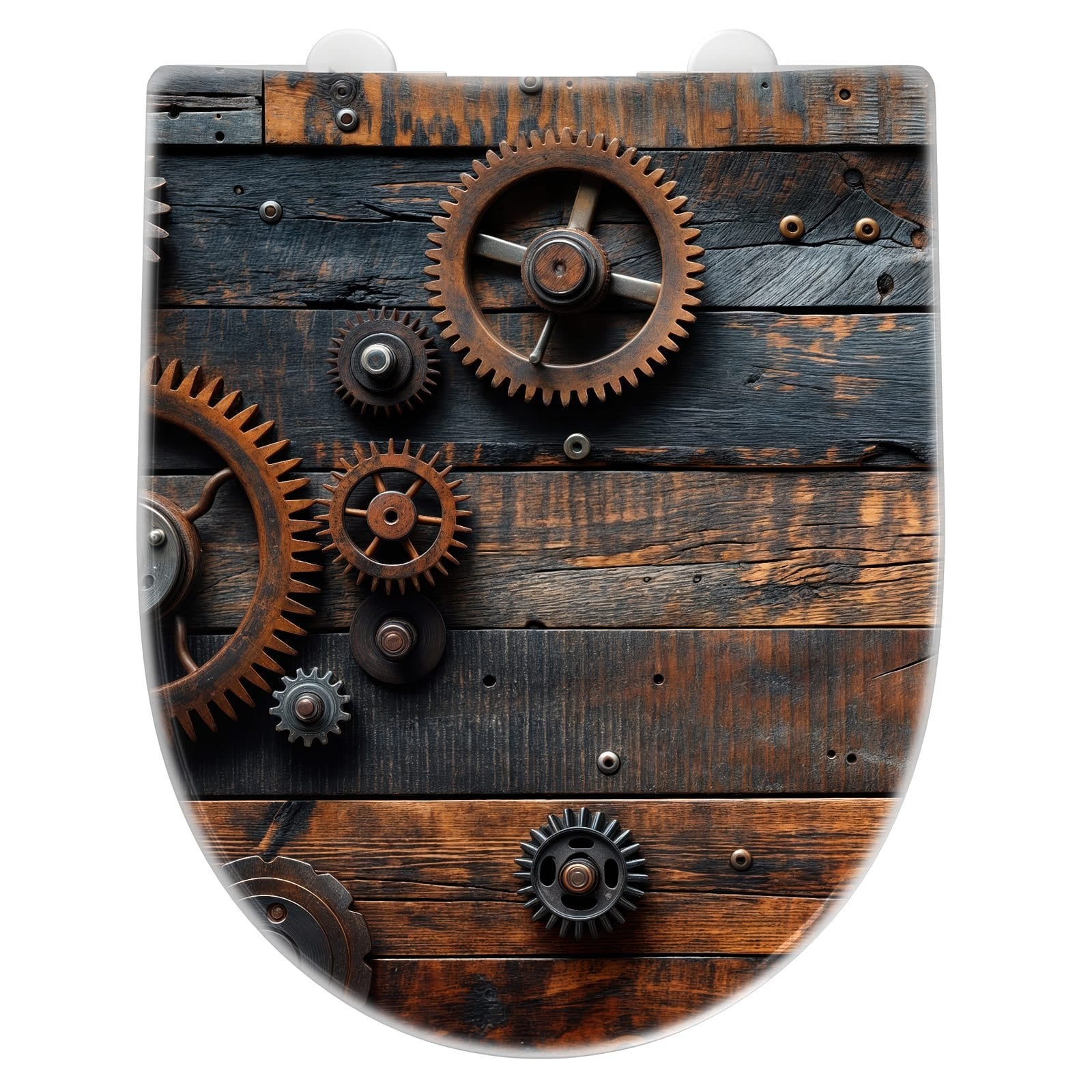 WC-Sitz mit Absenkautomatik Holz und Zahnräder