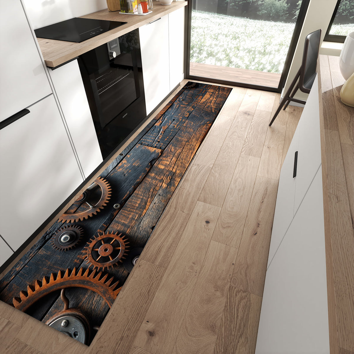 Dünner Küchenteppich mit Motiv Holz und Zahnräder in moderner Küche für sicheres Aufbewahren