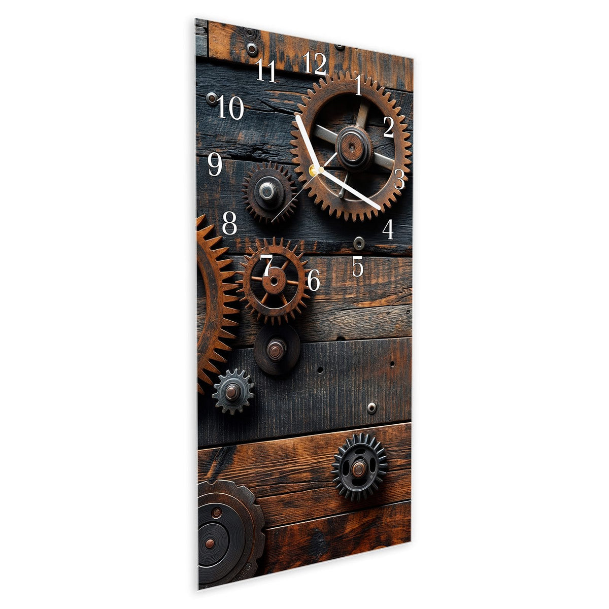 Vormontiert – mit Schwebeeffekt – Wanduhr Holz und Zahnräder aus Glas – Hochformat 30 × 60 cm