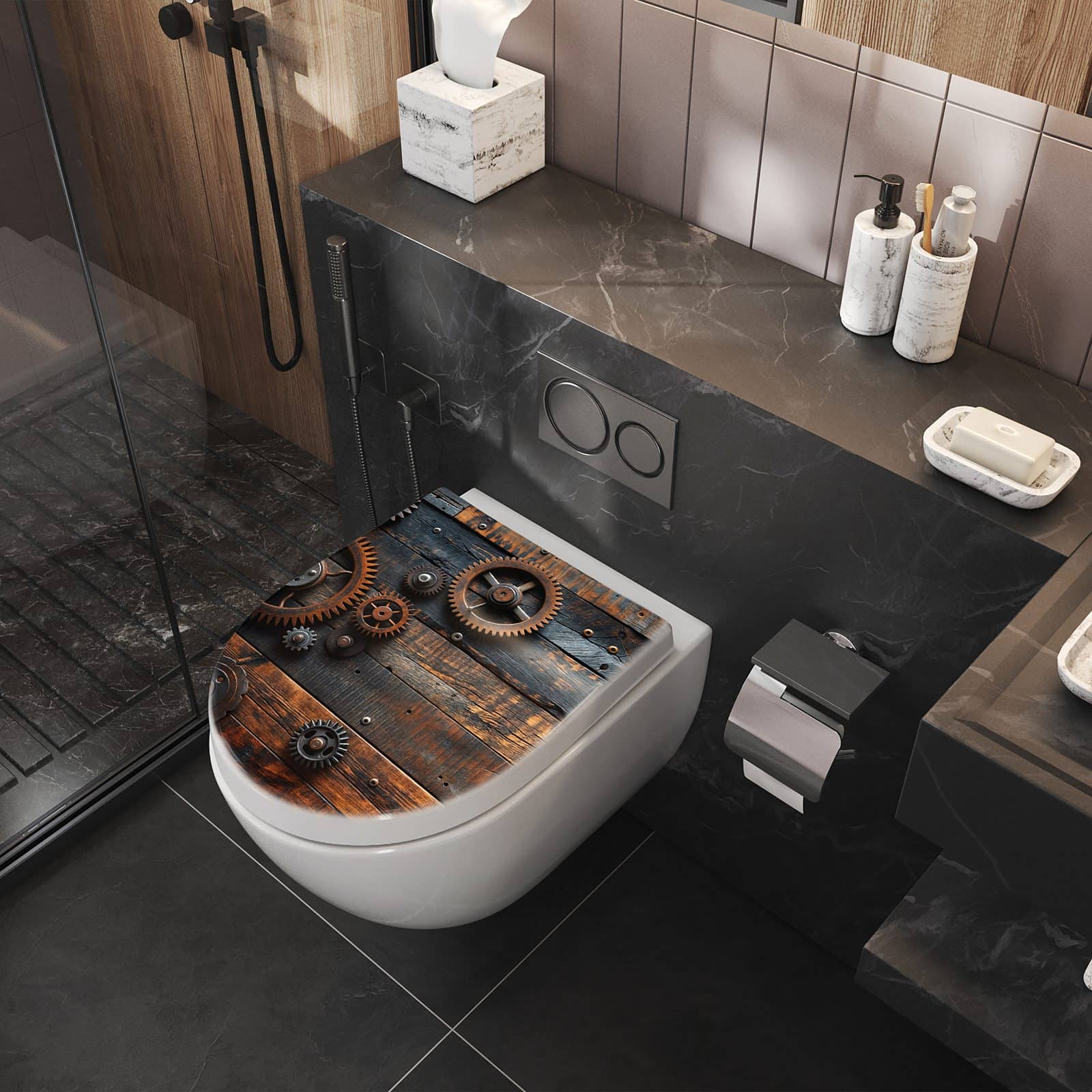 WC-Sitz mit Absenkautomatik Holz und Zahnräder