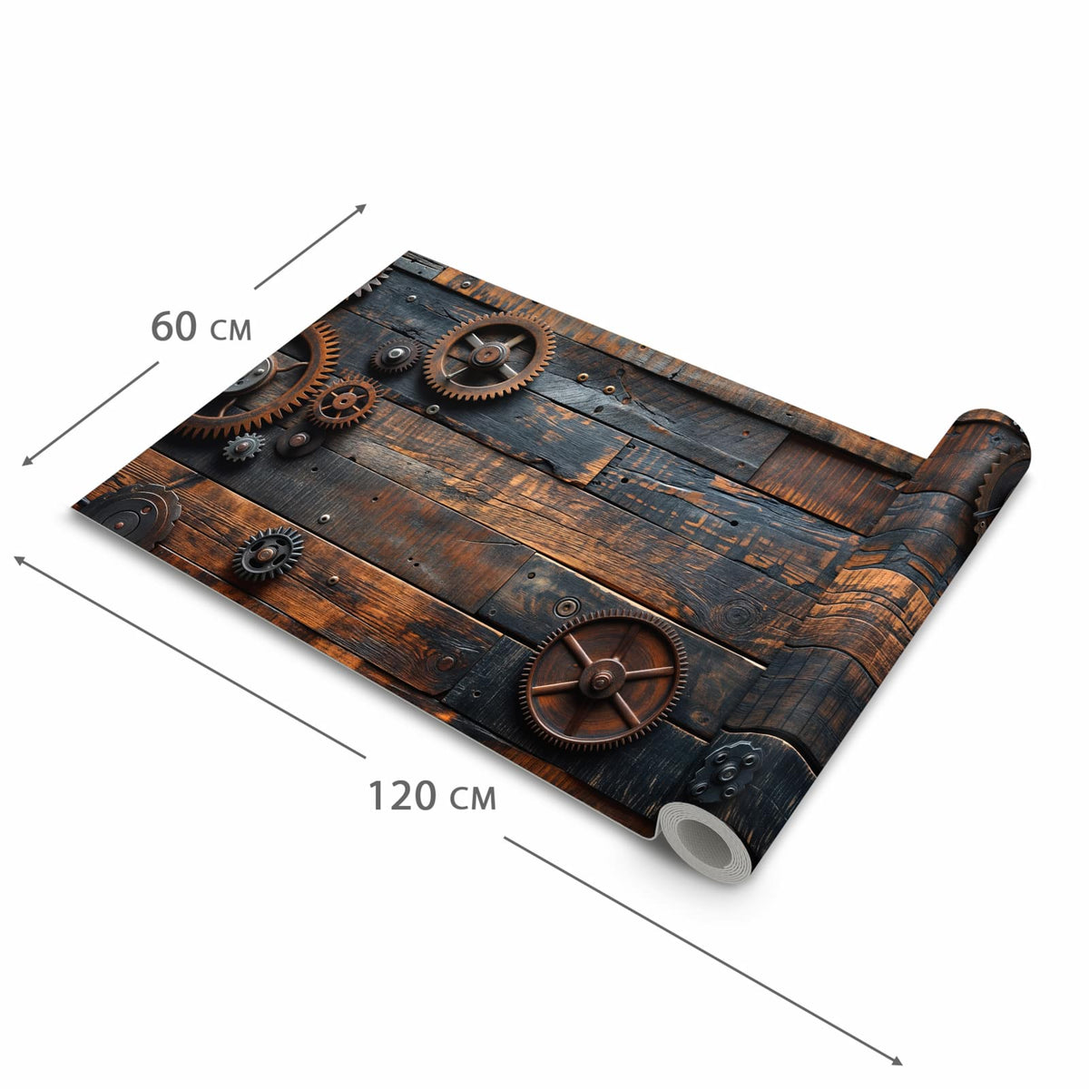 Feuchtigkeitsresistenter Küchenteppich mit Motiv Holz und Zahnräder in der Grösse 60x90 cm