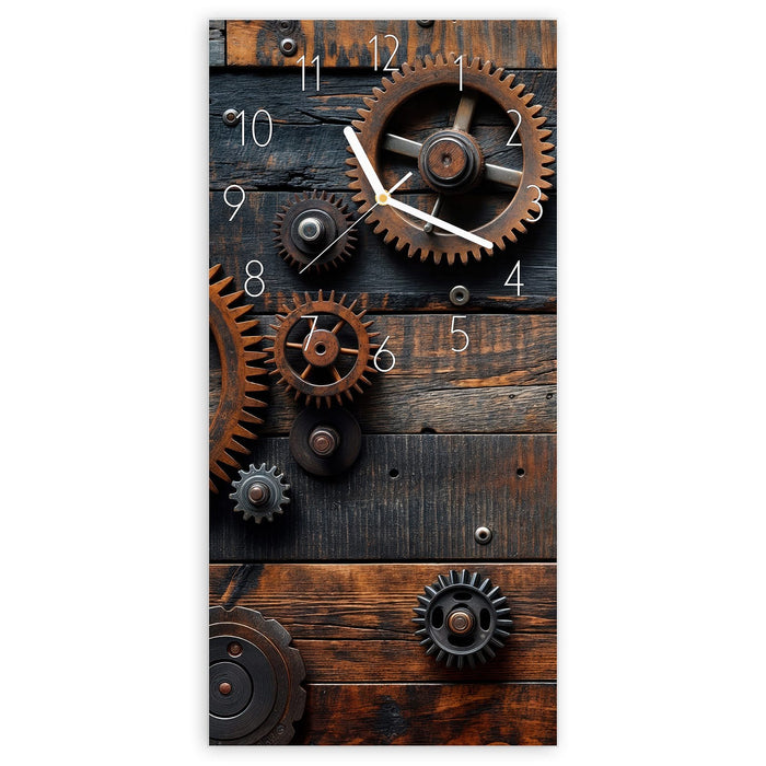 Wanduhr Holz und Zahnräder aus Glas – Hochformat 30 × 60 cm mit Ziffernblatt Elegant
