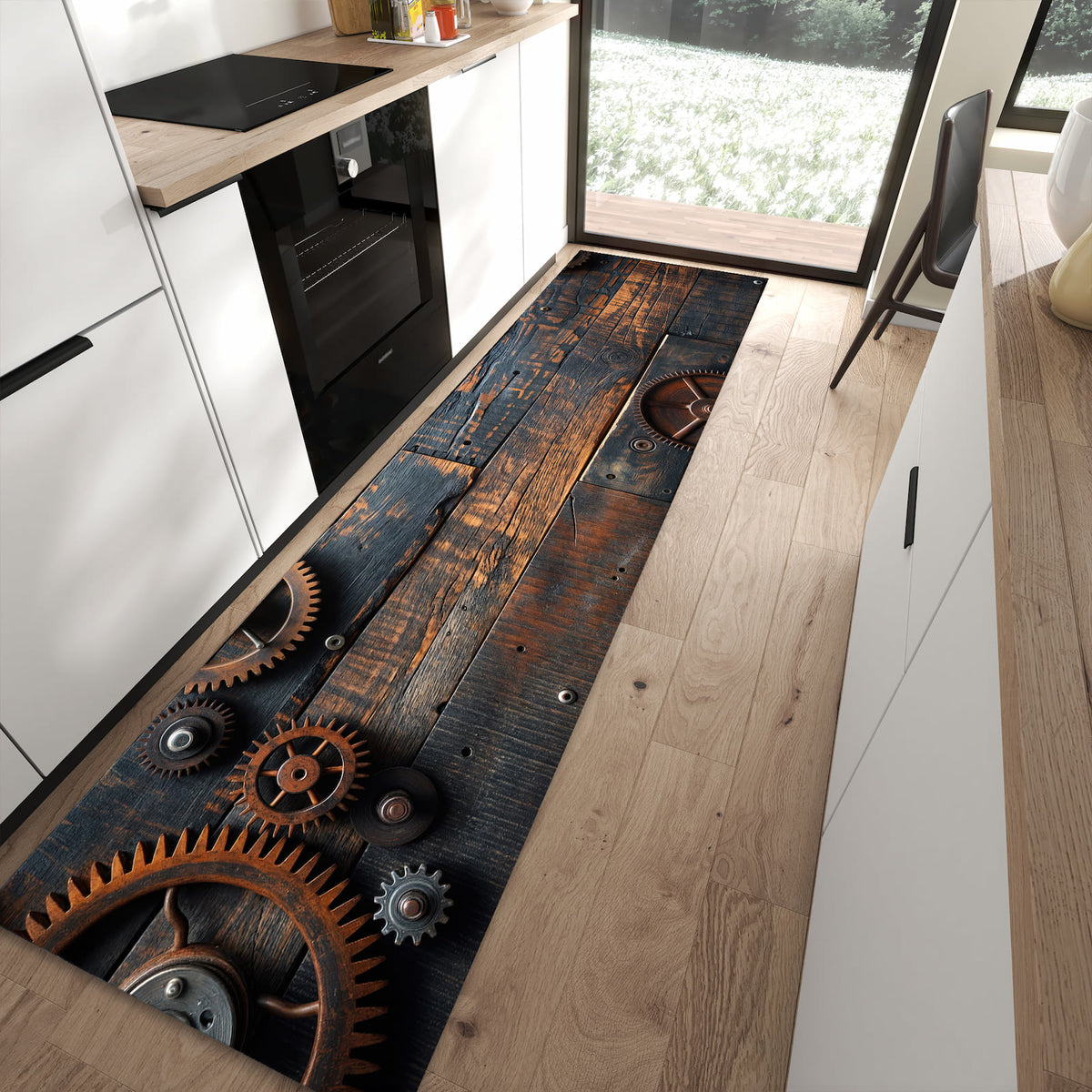 Rutschfester Küchenteppich mit Motiv Holz und Zahnräder für Trittkomfort in moderner Küche