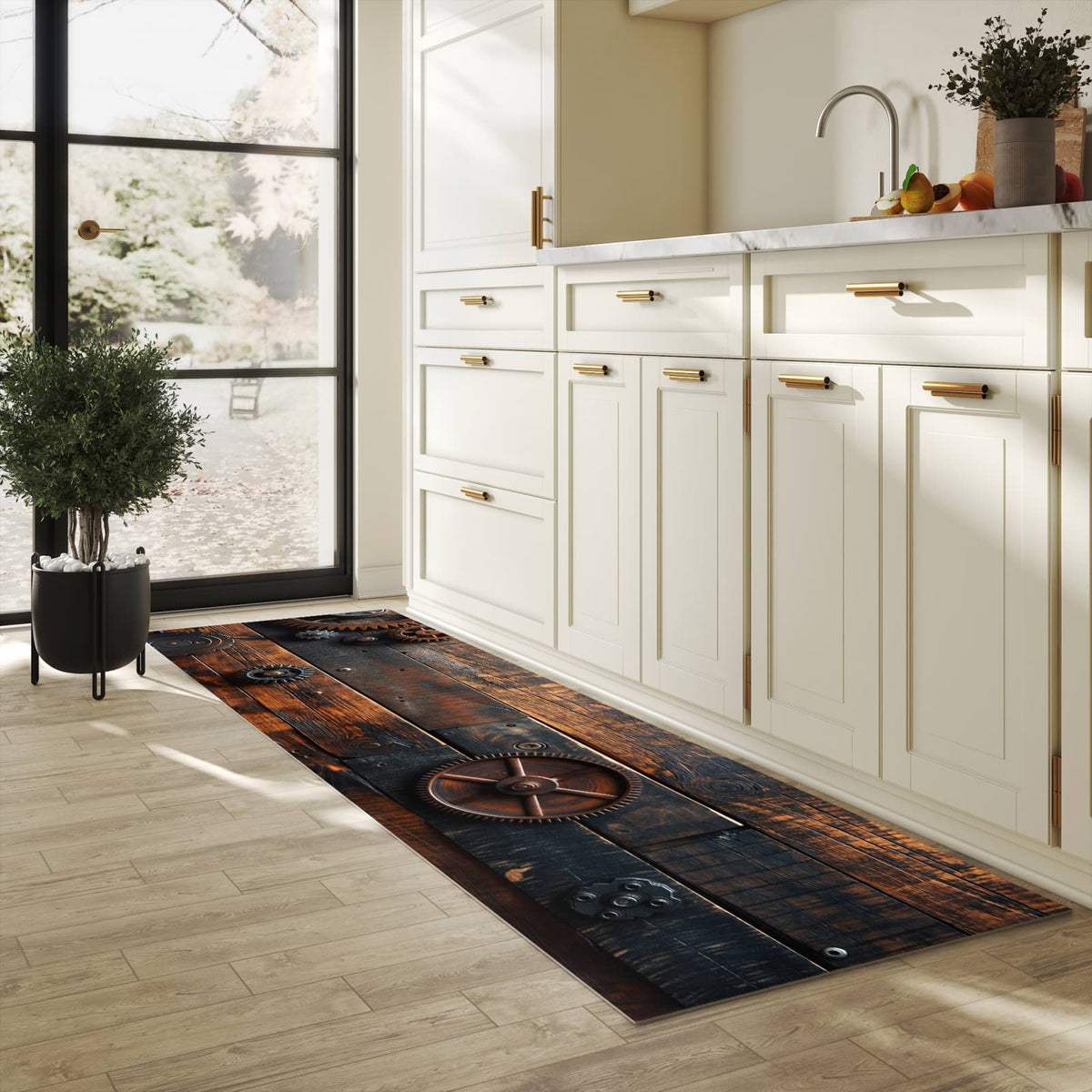 Rutschfester Küchenläufer mit Motiv Holz und Zahnräder für Trittkomfort in heller Küche