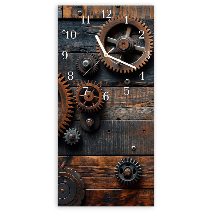 Wanduhr Holz und Zahnräder aus Glas – Hochformat 30 × 60 cm mit Ziffernblatt Klassisch