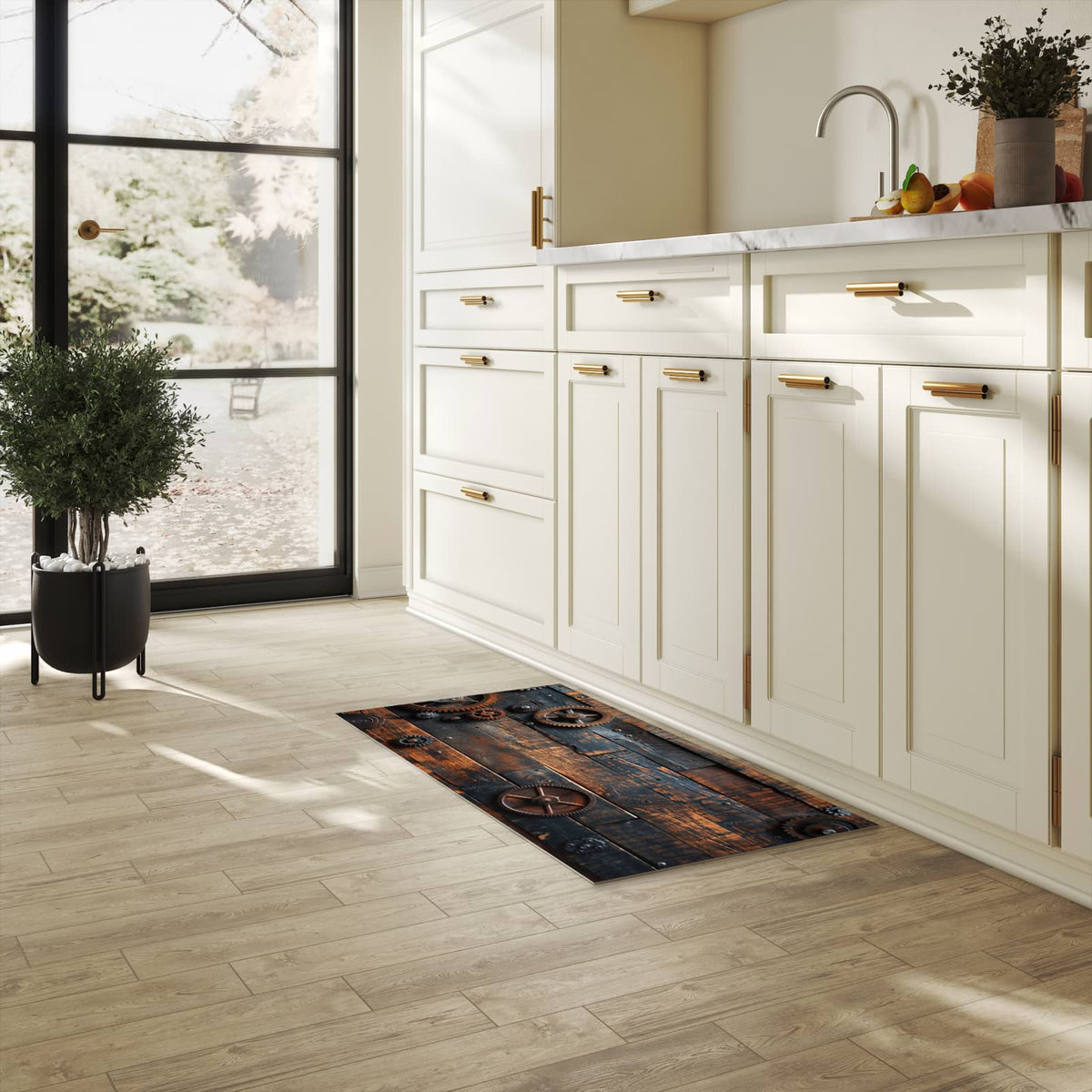 Waschbarer Küchenteppich mit Motiv Holz und Zahnräder für Ordnung in heller Küche