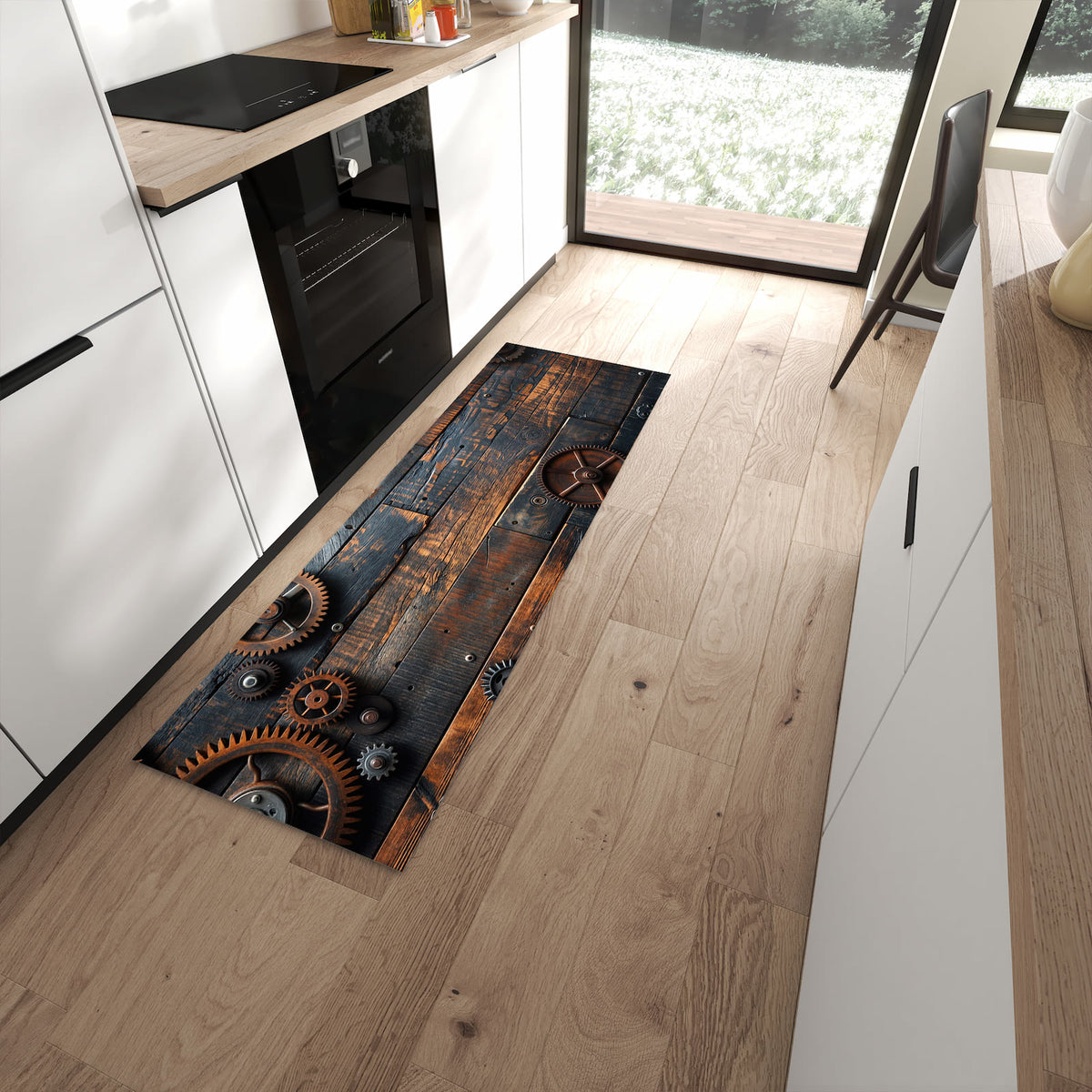 Bodenschonender langer Teppich mit Motiv Holz und Zahnräder in moderner Küche