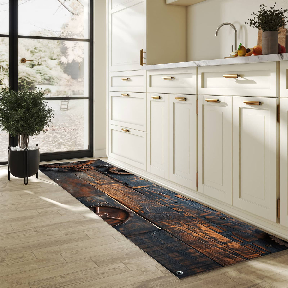 Wasserabweisender waschbarer Küchenläufer mit Motiv Holz und Zahnräder in heller Küche