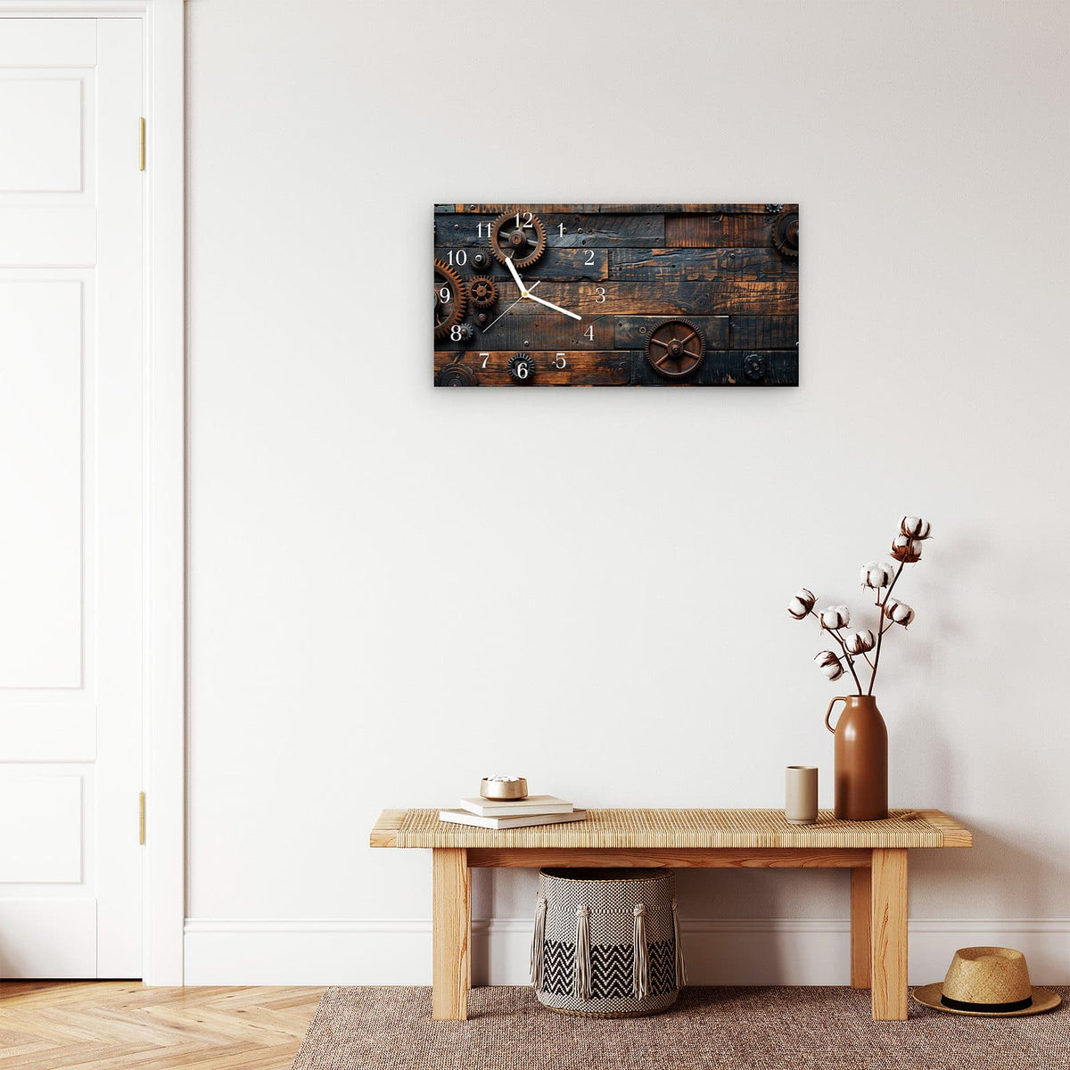 Moderne Wanduhr aus Glas mit Farbtiefe – Wanduhr Holz und Zahnräder aus Glas – Querformat 60 × 30 cm