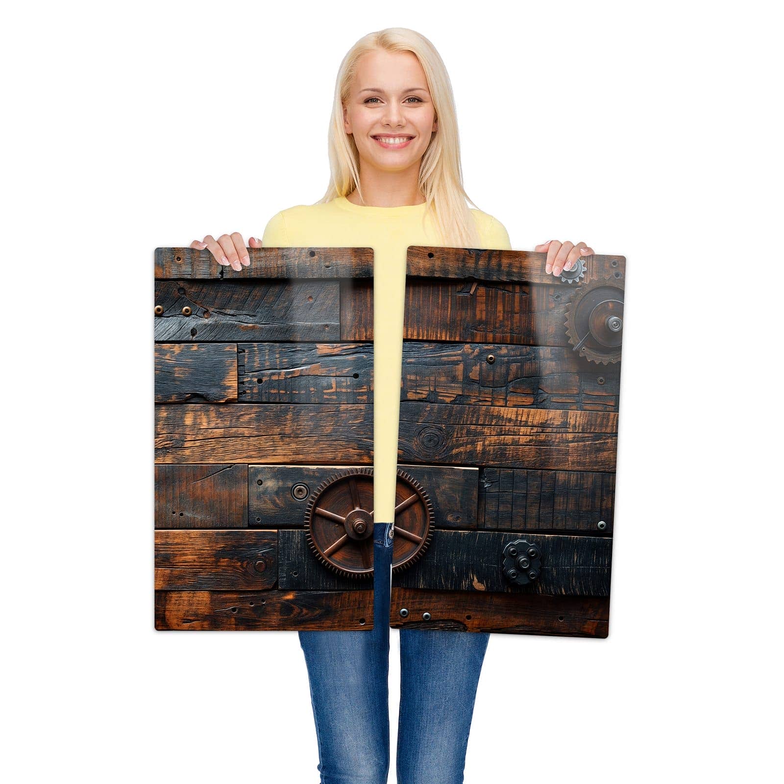 2-teilige Herdabdeckplatte Induktion mit Holz und Zahnräder-Motiv wird zur Größendarstellung gehalten