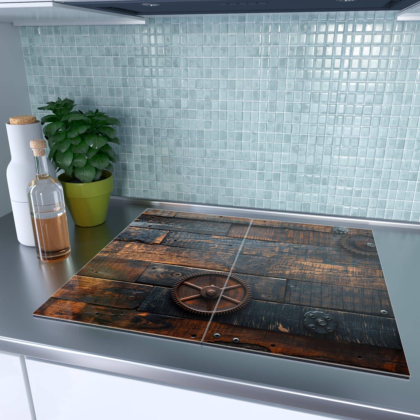 2-teilige Ceranfeldabdeckungen mit Holz und Zahnräder-Motiv auf dem Ceranfeld