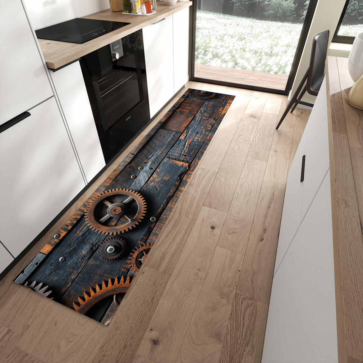 Formstabiler Läufer mit Motiv Holz und Zahnräder in moderner Küche für rutschfesten Stand