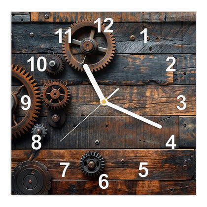 Wanduhr Quadratisch mit dem Motiv Zahnräder auf Holz