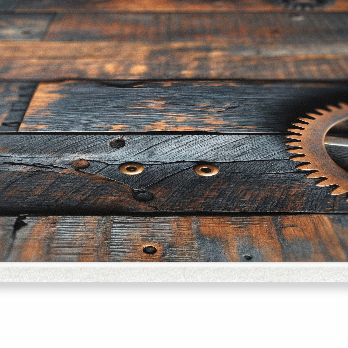 Pflegeleichter Bodenläufer mit Motiv Holz und Zahnräder in seitlicher Ansicht